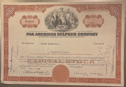 Vintage 1960s Pan American Sulphur Co. Stock Certificate ⛏️ Brown, Delaware PASCO Mexico Mining Share