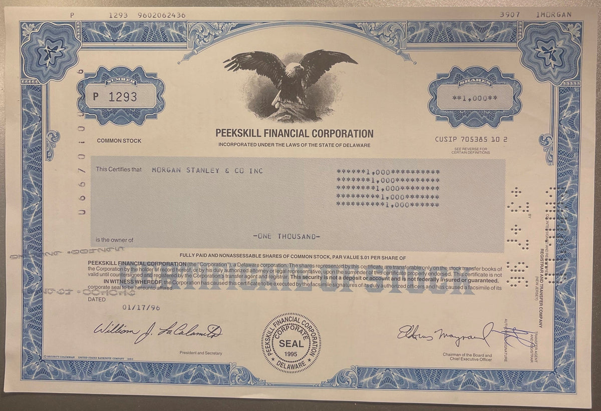 Vintage 1990s Peekskill Financial Stock Certificate Baltimore Ravens and Buffalo Bills Sponsor NY NJ Eagle Vignette Scripophily 📜