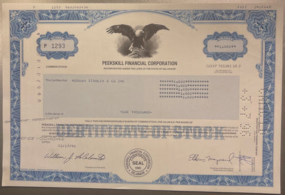 Vintage 1990s Peekskill Financial Stock Certificate Baltimore Ravens and Buffalo Bills Sponsor NY NJ Eagle Vignette Scripophily 📜
