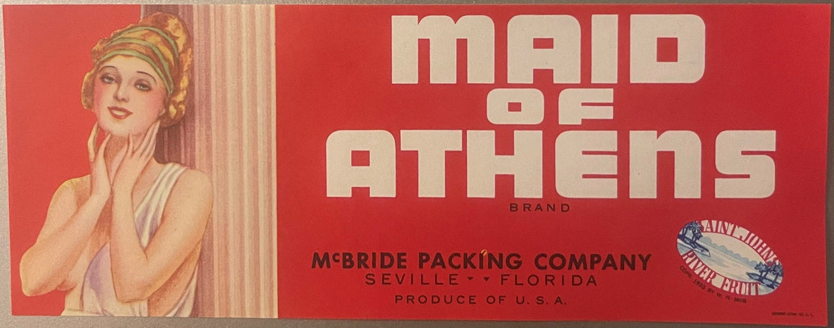Antique 1933 Maid of Athens Citrus Crate Label 🍎 Seville Florida, McBride Packing, Grecian Greek Beauty Art