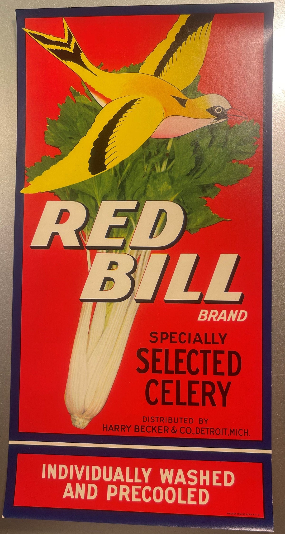 Vintage Red Bill Brand Celery Crate Label 🐦 Harry Becker & Co. Detroit Michigan Lithograph Art