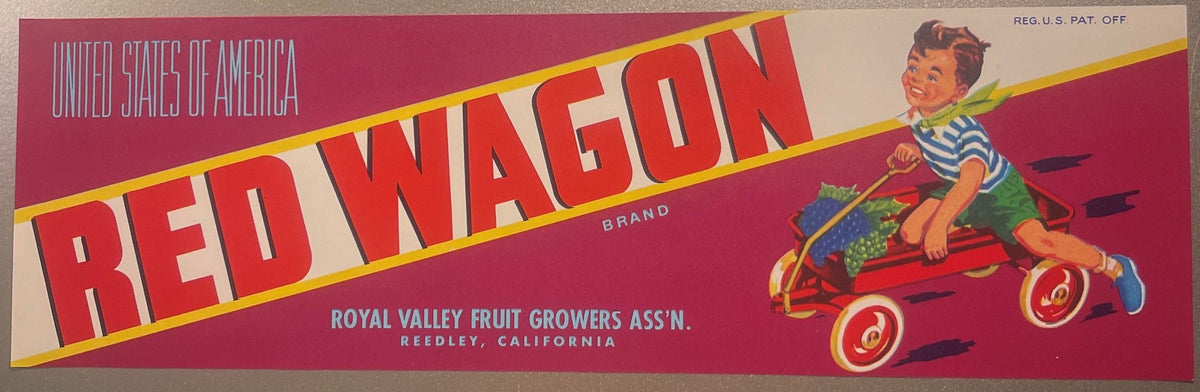 Vintage Red Wagon Fruit Crate Label 🍇 Reedley California Grape Lug Label, 1950s Royal Valley Fruit Growers