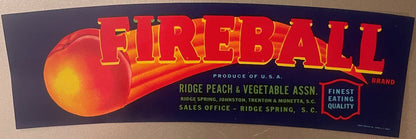Vintage 1960s Fireball Crate Label 🍎 South Carolina's Flaming Peach Comet