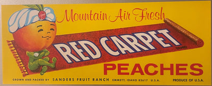 Vintage Red Carpet Peach Crate Label 🍑 1960s Emmett Idaho Peaches, Genie on a Magic Carpet, Sanders Fruit Ranch