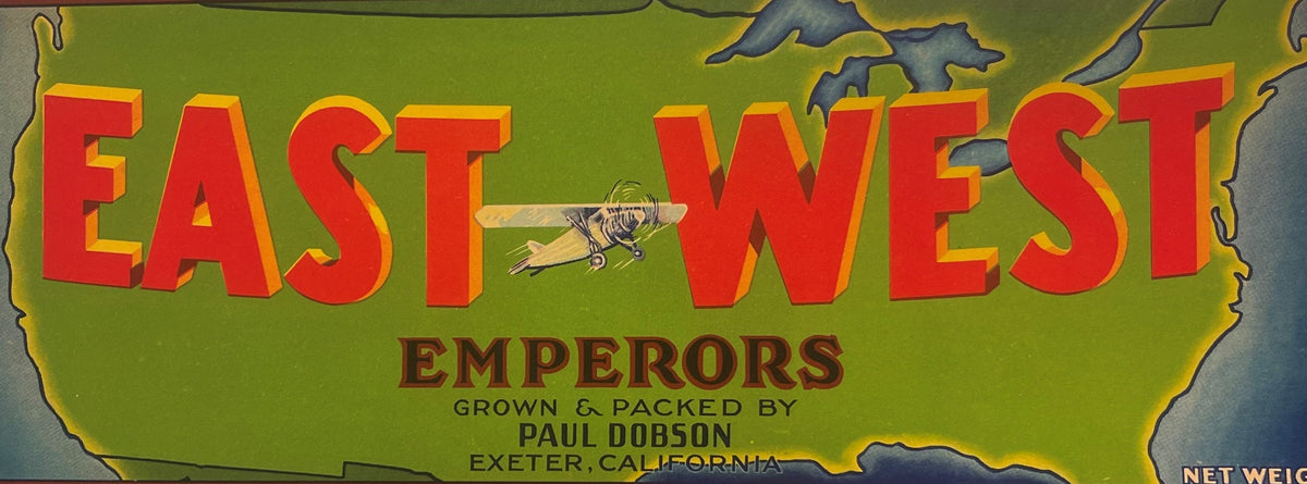 Vintage East West Emperors Grape Crate Label Paul Dobson Exeter California Lithograph Monoplane Airplane Map USA 🍎