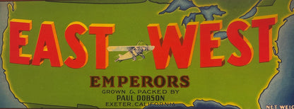 Vintage East West Emperors Grape Crate Label Paul Dobson Exeter California Lithograph Monoplane Airplane Map USA 🍎