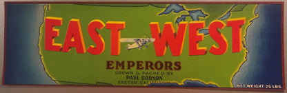 Vintage East West Emperors Grape Crate Label Paul Dobson Exeter California Lithograph Monoplane Airplane Map USA 🍎