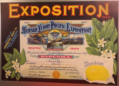 Antique Exposition Lemon Crate Label 🍋 Alaska–Yukon–Pacific Fair 1909, Santa Barbara CA