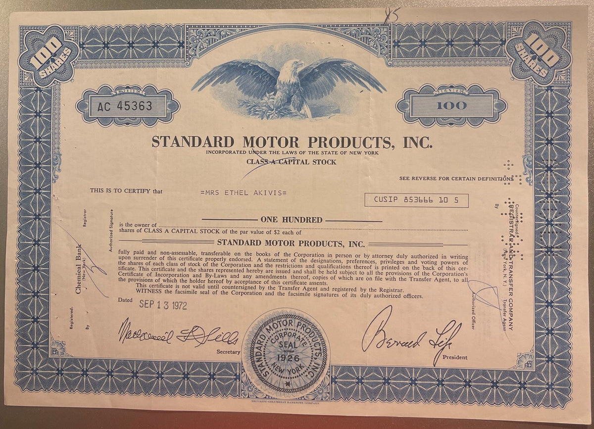 Vintage 1970s Standard Motor Products Stock Certificate 🔧 NAPA & CARQUEST, New York, Eagle Vignette