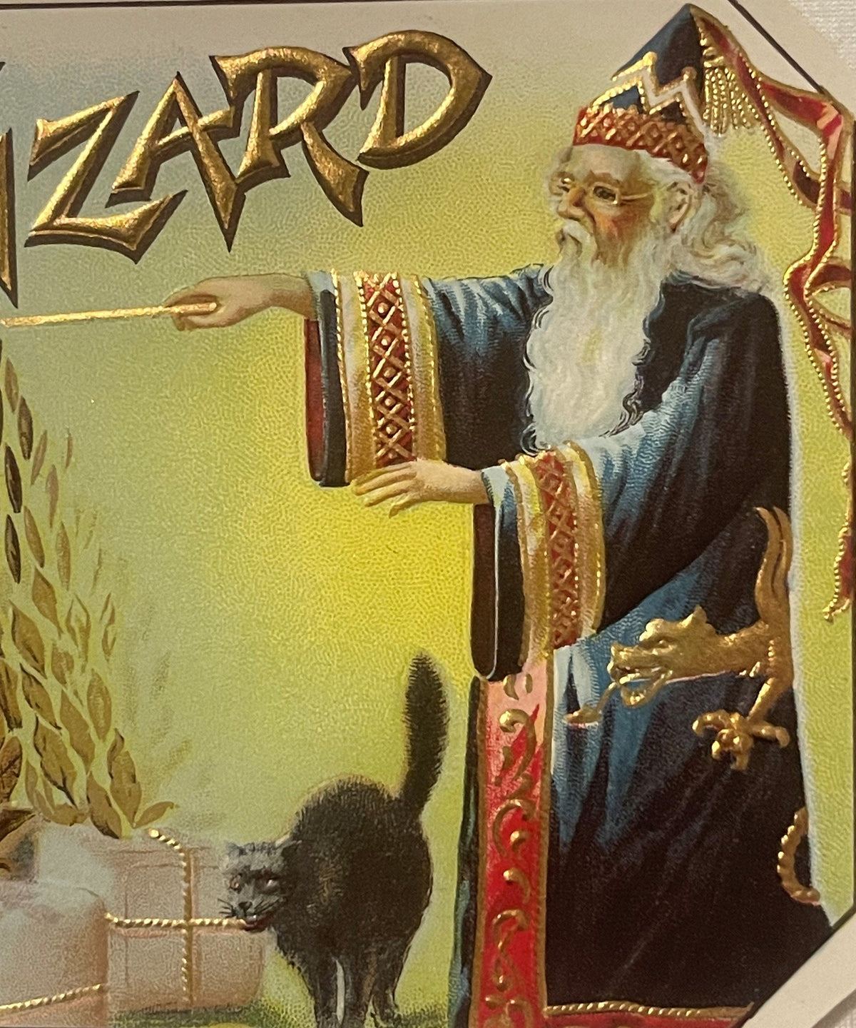 Antique Wizard Cigar Box Label 🧙‍♂️ Gold Embossed Chromolithograph 1910s Black Cat Halloween Art