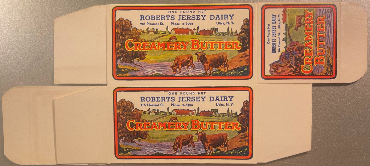 Vintage Roberts Jersey Dairy Creamery Butter Box 🐄 NOS 1930s–40s Utica, NY Pastoral Print