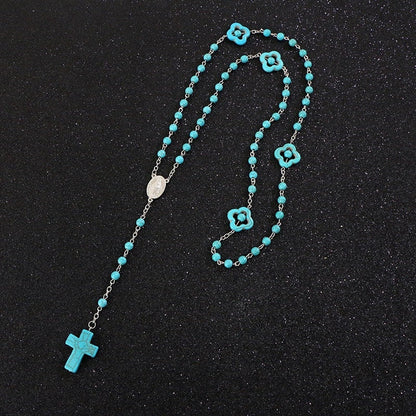 Rosary Natural Stone Crucifix Necklace Catholic 5 Decade Turquoise Prayer Beads Virgin Mary Pendant Orthodox Catholic Cross Round Beaded