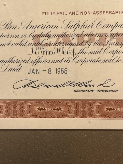 Vintage 1960s Pan American Sulphur Co. Stock Certificate ⛏️ Brown, Delaware PASCO Mexico Mining Share