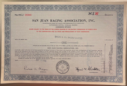 Vintage 1960s San Juan Racing Association Stock Certificate Coca Cola of New York 1978 Bid El Comandante Puerto Rico 📜