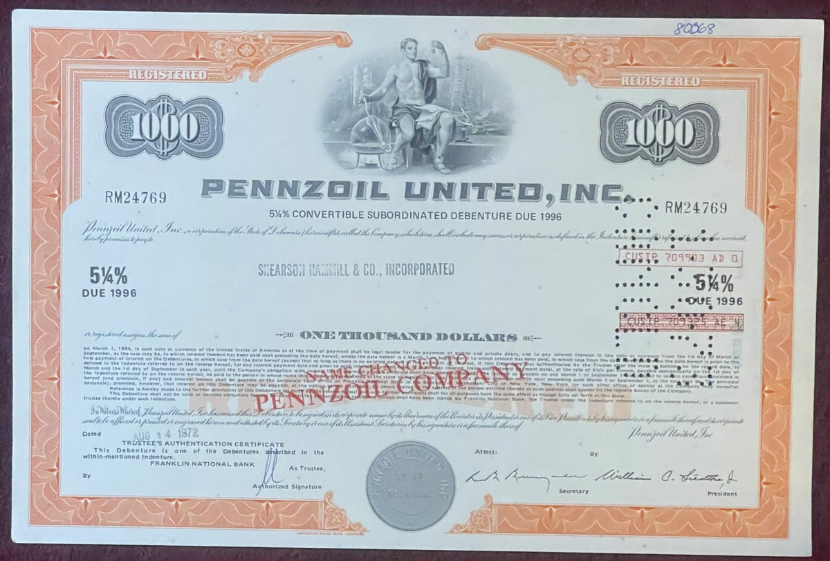 Vintage 1970s Pennzoil United Stock Certificate 1000 Shares Orange Oil Racing Rockefeller Americana Indy 500 Wall Art 🏁 🛢️