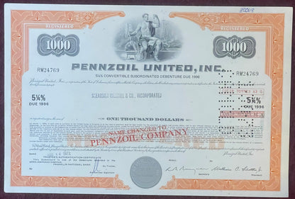 Vintage 1970s Pennzoil United Stock Certificate 1000 Shares Orange Oil Racing Rockefeller Americana Indy 500 Wall Art 🏁 🛢️