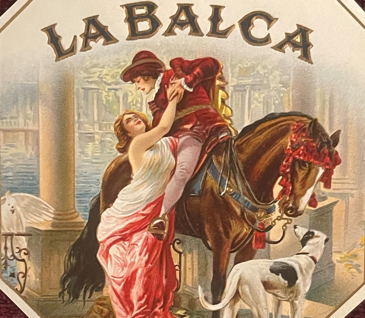 Antique La Balca Cigar Label 💛 1910s Gold Embossed Victorian Lovers