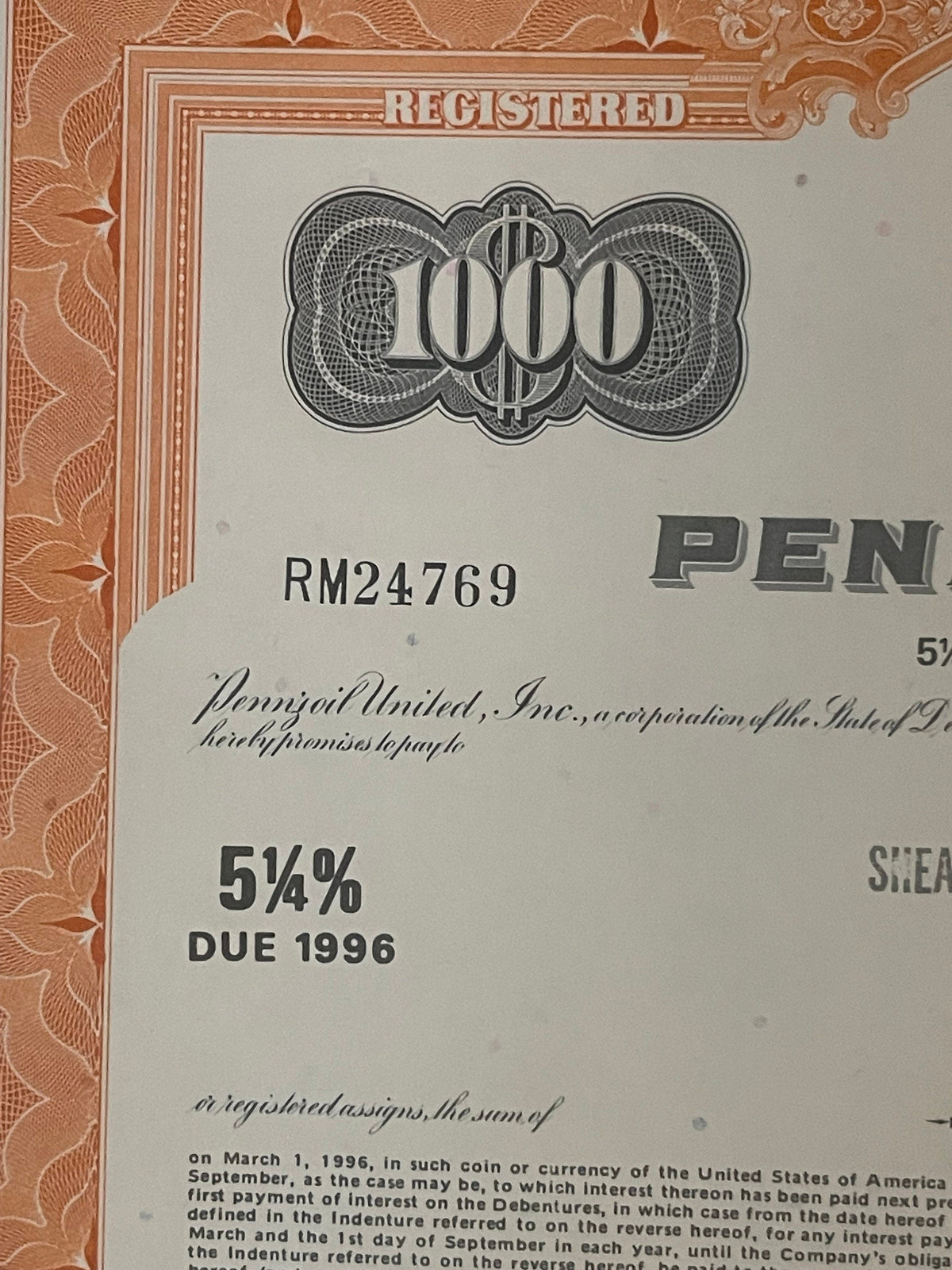 Vintage 1970s Pennzoil United Stock Certificate 1000 Shares Orange Oil Racing Rockefeller Americana Indy 500 Wall Art 🏁 🛢️