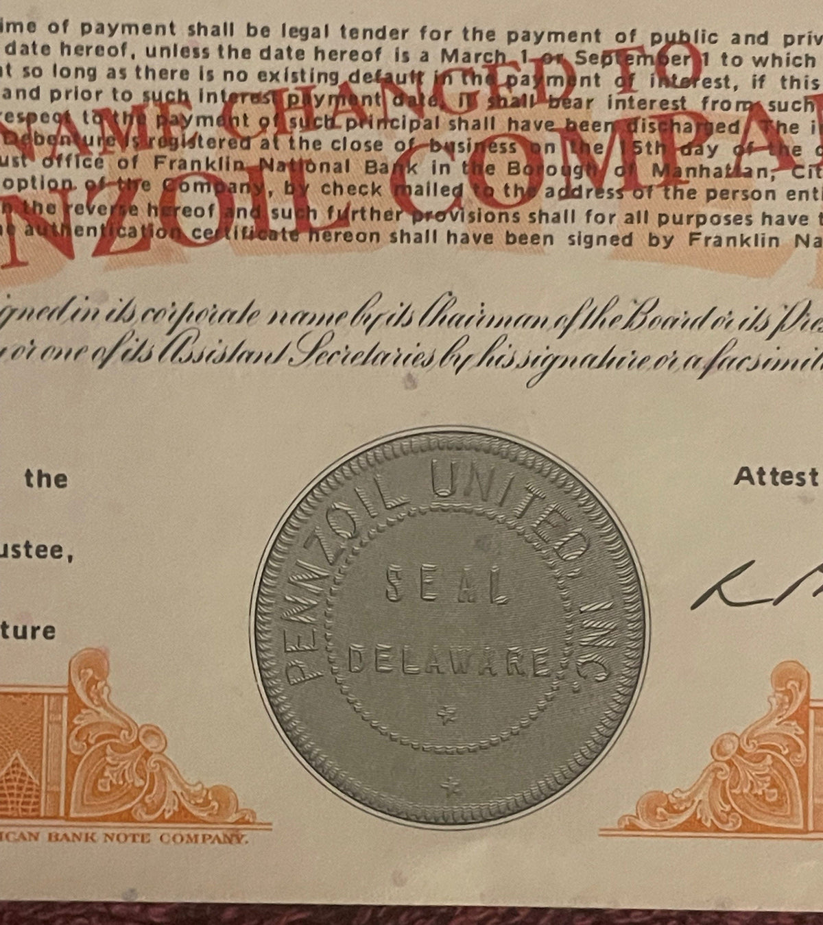 Vintage 1970s Pennzoil United Stock Certificate 1000 Shares Orange Oil Racing Rockefeller Americana Indy 500 Wall Art 🏁 🛢️