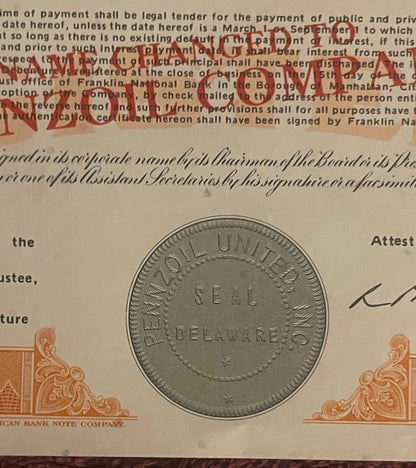 Vintage 1970s Pennzoil United Stock Certificate 1000 Shares Orange Oil Racing Rockefeller Americana Indy 500 Wall Art 🏁 🛢️