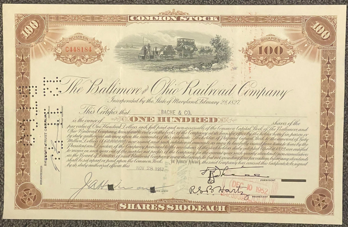 Vintage B&O Railroad Stock Certificate 🚂 100 Shares 1930s 1950s Baltimore & Ohio Engraved Banknote Vignette