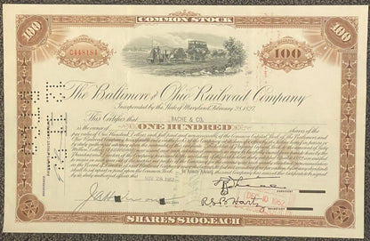 Vintage B&O Railroad Stock Certificate 🚂 100 Shares 1930s 1950s Baltimore & Ohio Engraved Banknote Vignette