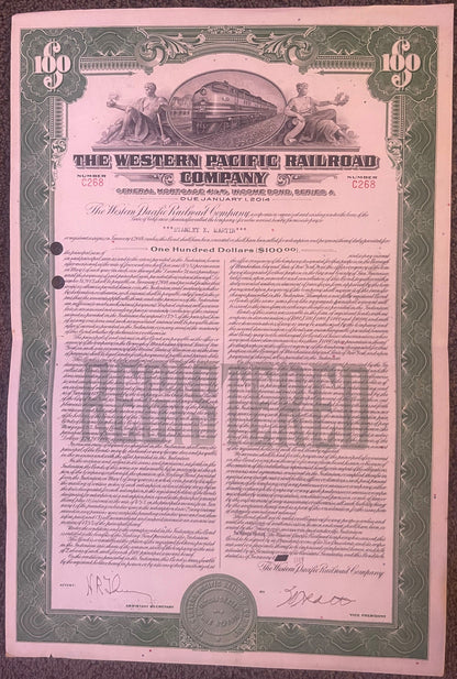 Antique 1945 Western Pacific Railroad $100 Income Bond 🚂 Green, Series A, Feather River Route