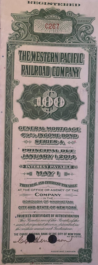 Antique 1945 Western Pacific Railroad $100 Income Bond 🚂 Green, Series A, Feather River Route