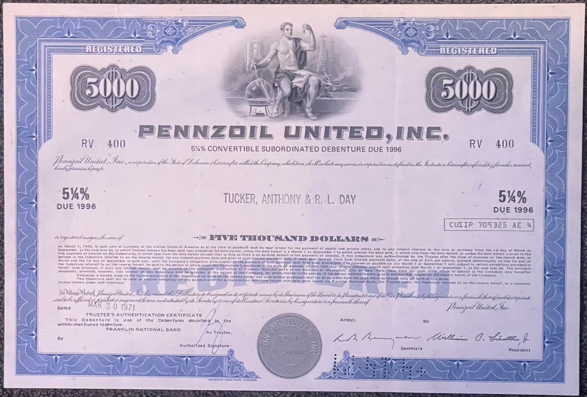 Vintage 1970s Pennzoil United Stock Certificate 5000 Shares Blue Oil Racing Rockefeller Americana Indy 500 Wall Art 🏁 🛢️