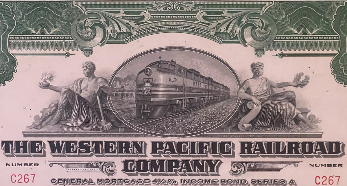 Antique 1945 Western Pacific Railroad $100 Income Bond 🚂 Green, Series A, Feather River Route