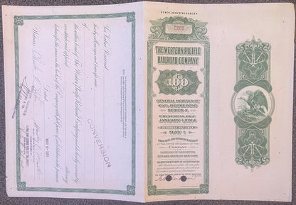 Antique 1945 Western Pacific Railroad $100 Income Bond 🚂 Green, Series A, Feather River Route