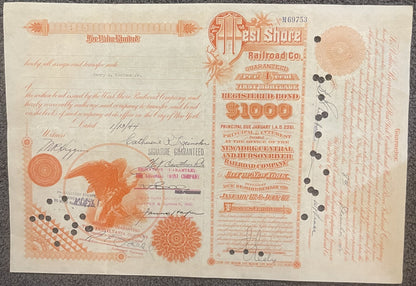 Antique West Shore Railroad Bond Certificate 🚂 $1000 Due A.D. 2361, 1930s-1960s Orange