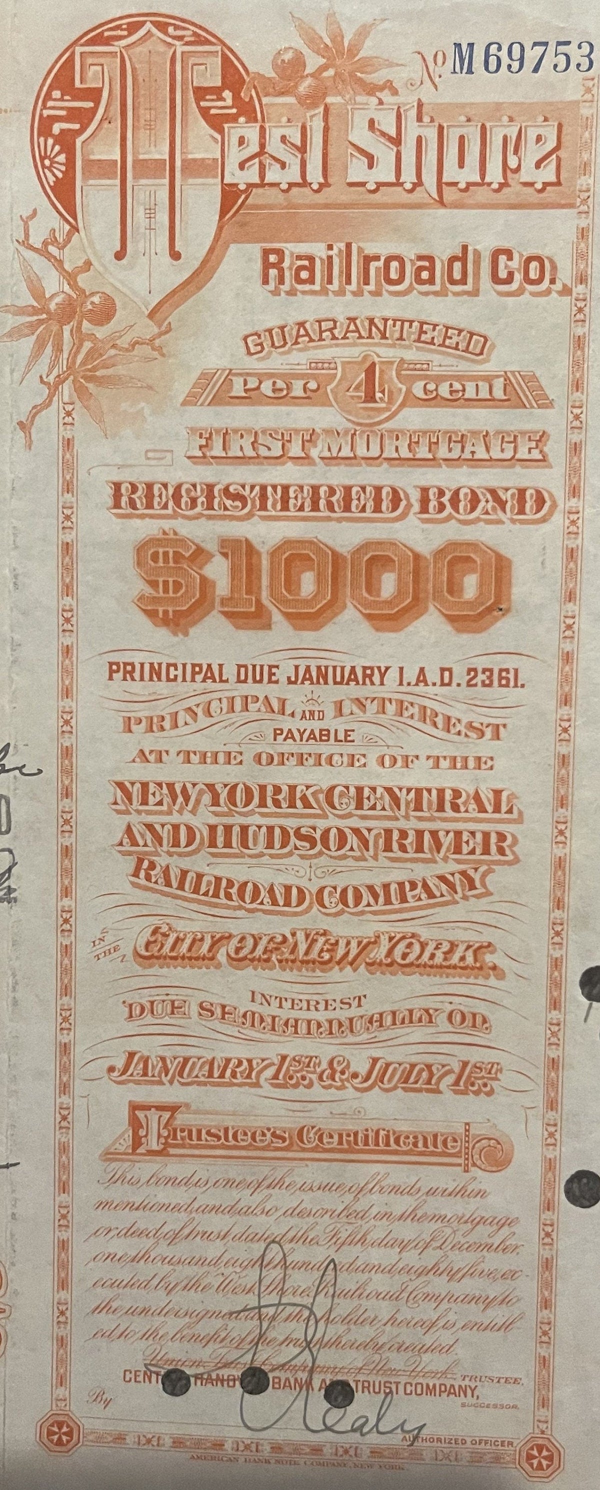 Antique West Shore Railroad Bond Certificate 🚂 $1000 Due A.D. 2361, 1930s-1960s Orange