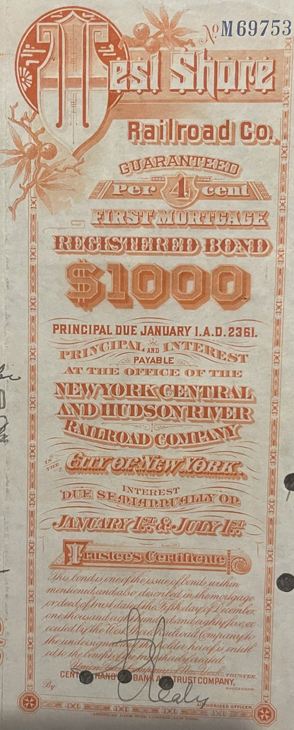 Antique West Shore Railroad Bond Certificate 🚂 $1000 Due A.D. 2361, 1930s-1960s Orange