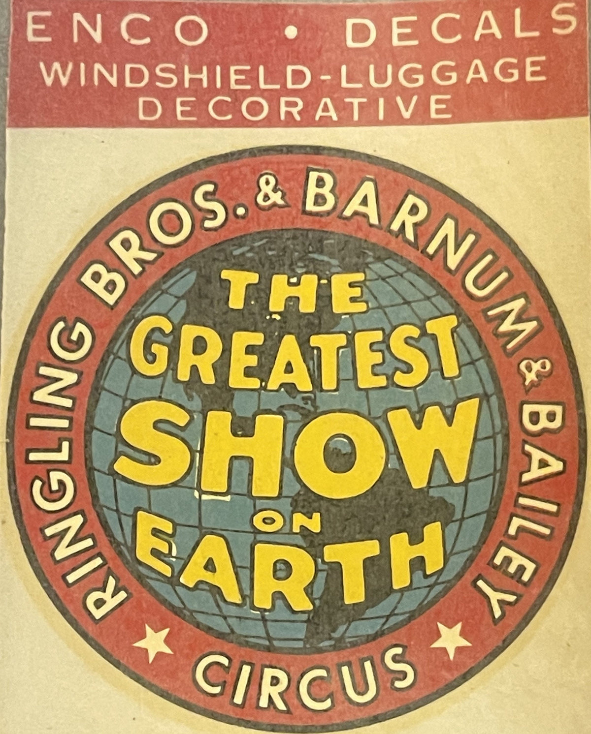 Enco Ringling Bros Barnum & Bailey Circus Waterslide Decal 🎪 Greatest Show on Earth, NOS 1950s Windshield-Luggage Transfer