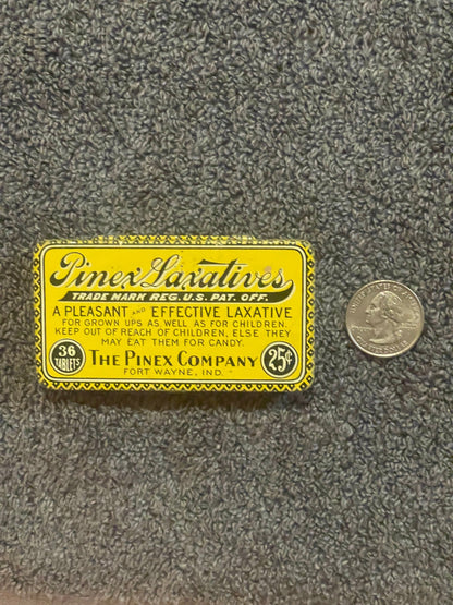 Antique Pinex Laxatives Medicine Tin 📌 Fort Wayne Indiana Pharmacy, 36 Tablets 25 Cent Advertising, Early 1900s Patent Medicine Collectible