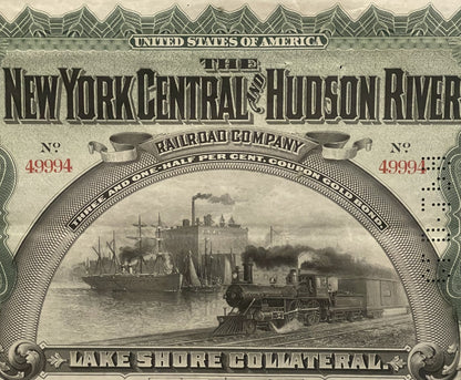 Antique 1898 New York Central & Hudson River Railroad Gold Bond 🚂 Lake Shore Collateral Certificate