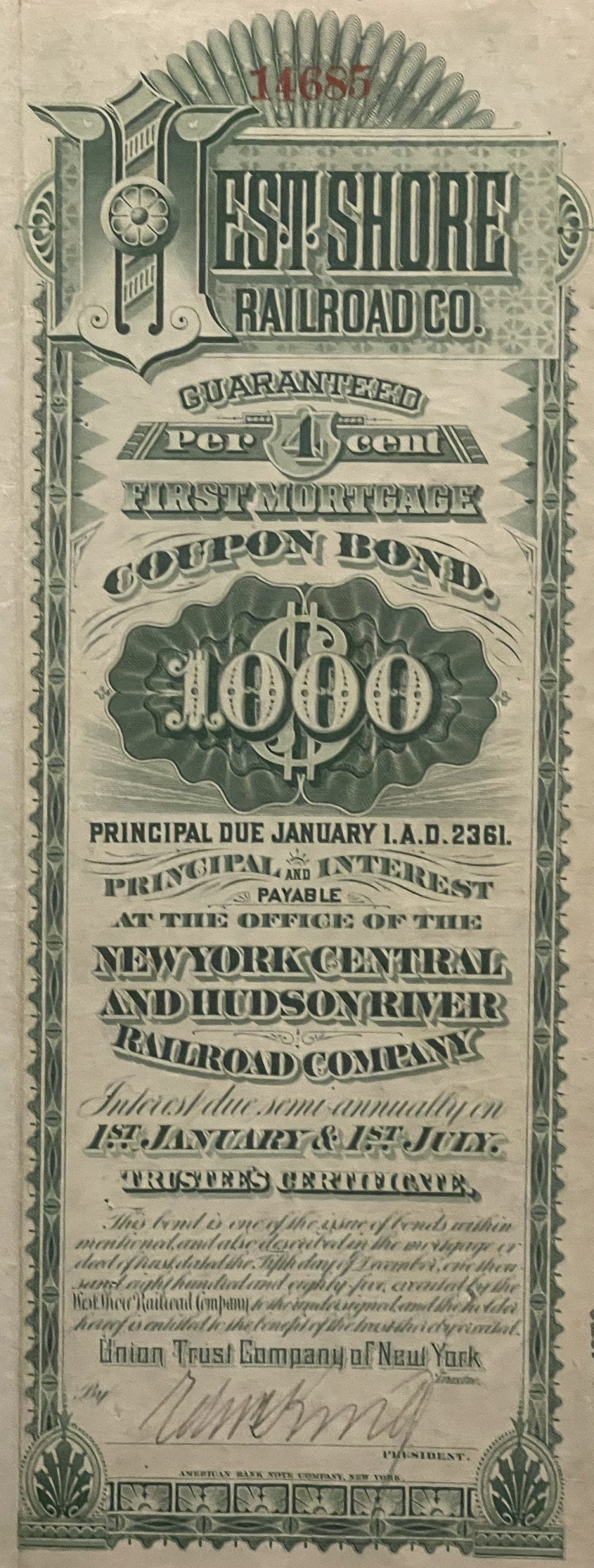 Antique 1885 West Shore Railroad $1,000 Gold Bond 🛤️ Certificate with Coupons, Vanderbilt Railway History
