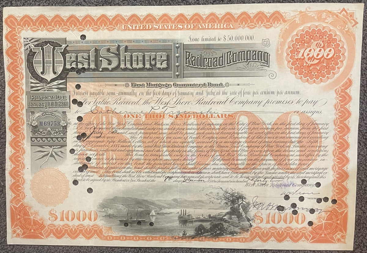 Antique West Shore Railroad Bond Certificate 🚂 $1000 Due A.D. 2361, 1930s-1960s Orange