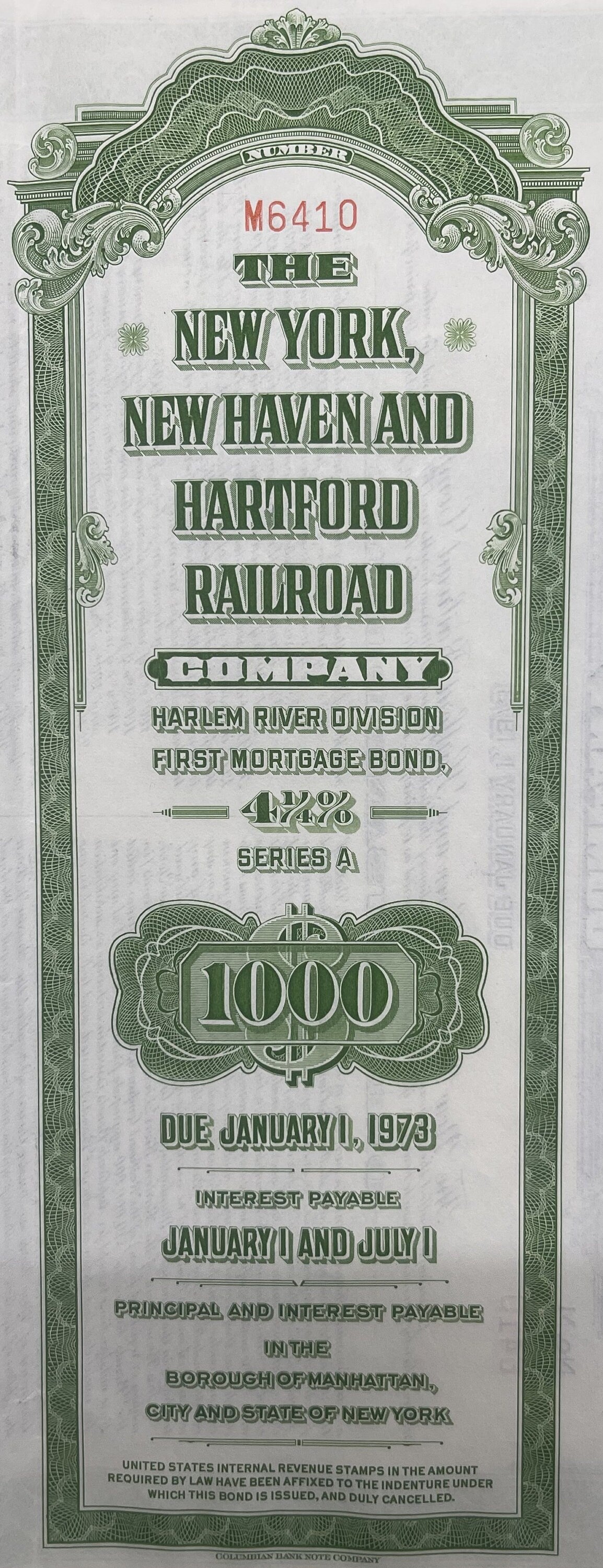 Vintage 1953 New York New Haven and Hartford Railroad 1000 Dollar Gold Bond Harlem River Division with Coupons 📜