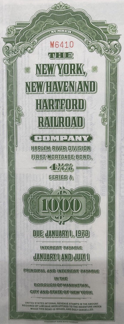 Vintage 1953 New York New Haven and Hartford Railroad 1000 Dollar Gold Bond Harlem River Division with Coupons 📜