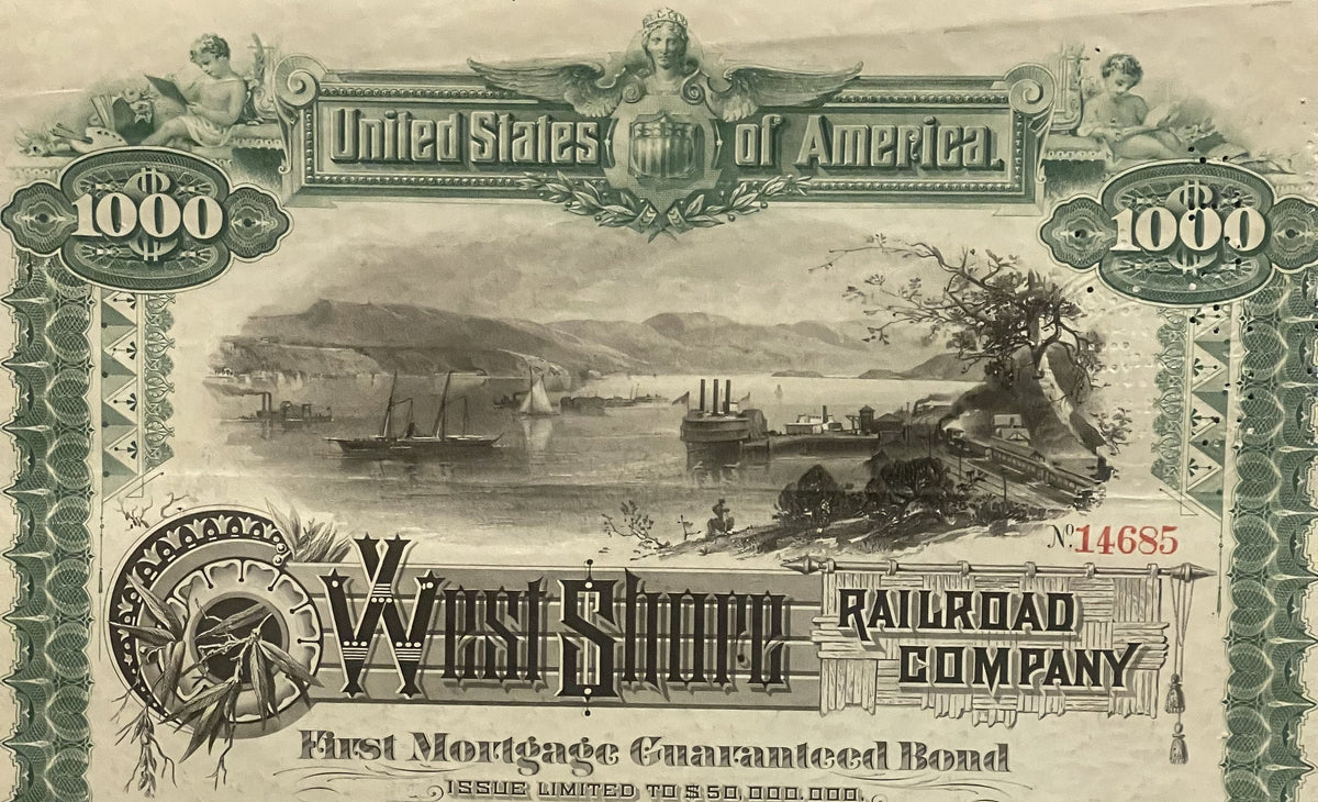 Antique 1885 West Shore Railroad $1,000 Gold Bond 🛤️ Certificate with Coupons, Vanderbilt Railway History