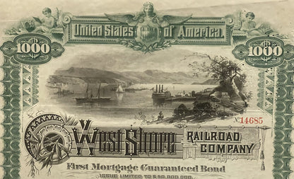 Antique 1885 West Shore Railroad $1,000 Gold Bond 🛤️ Certificate with Coupons, Vanderbilt Railway History