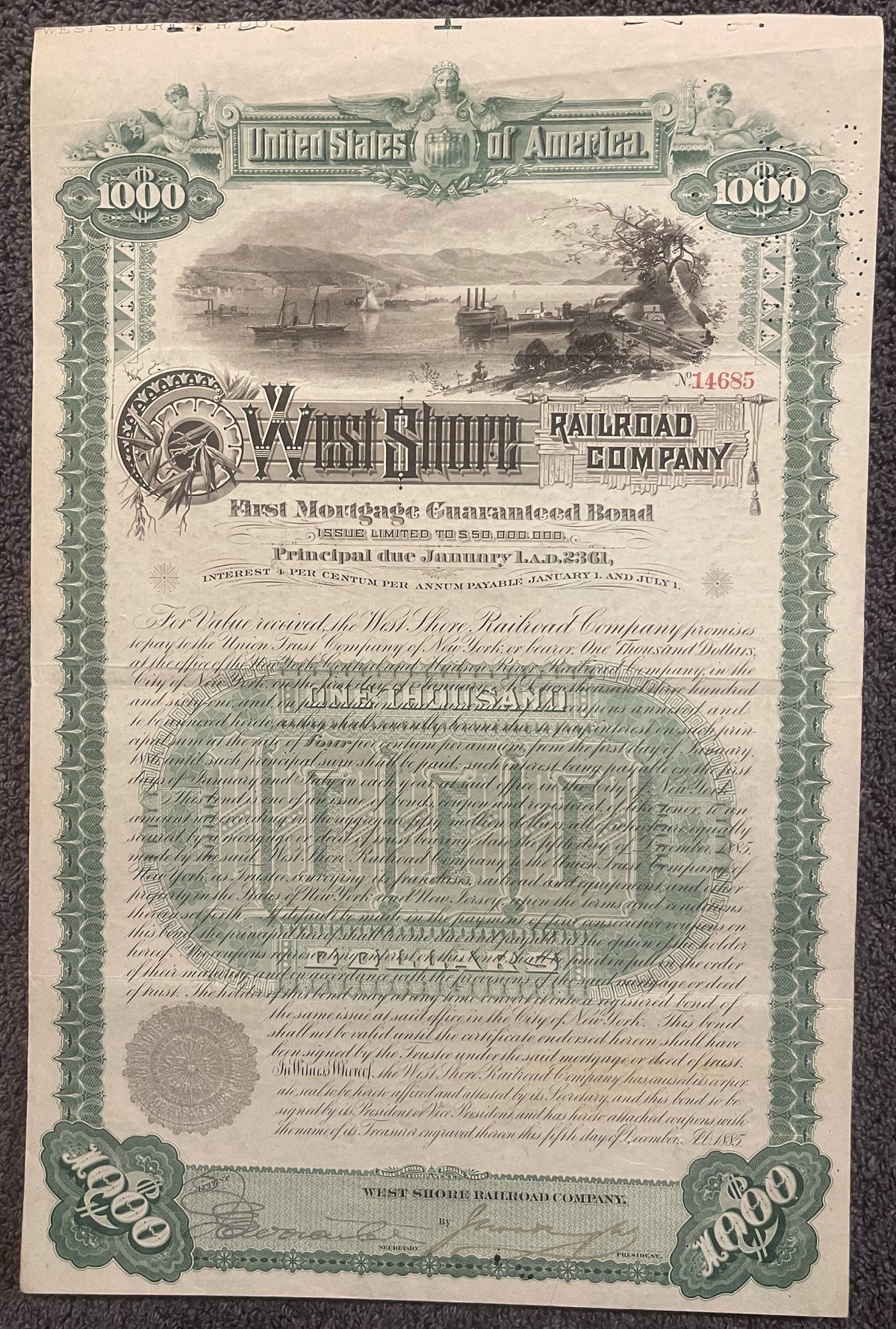 Antique 1885 West Shore Railroad $1,000 Gold Bond 🛤️ Certificate with Coupons, Vanderbilt Railway History