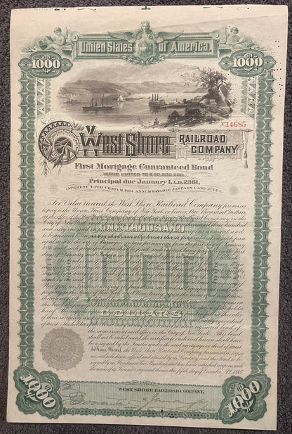 Antique 1885 West Shore Railroad $1,000 Gold Bond 🛤️ Certificate with Coupons, Vanderbilt Railway History