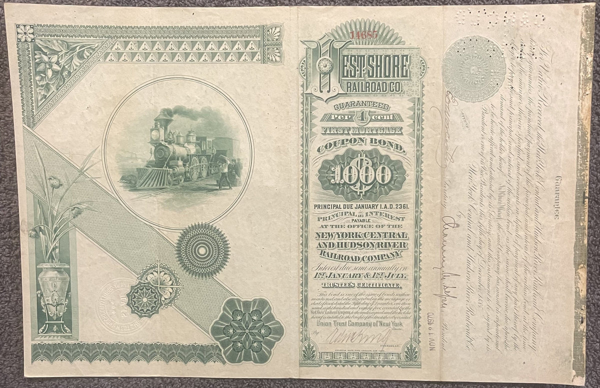 Antique 1885 West Shore Railroad $1,000 Gold Bond 🛤️ Certificate with Coupons, Vanderbilt Railway History