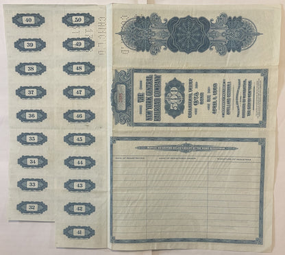 Rare 1955 New York Central Railroad 500 Dollar Bond Blue Collateral Trust 6 Percent with Coupon Sheet 📜