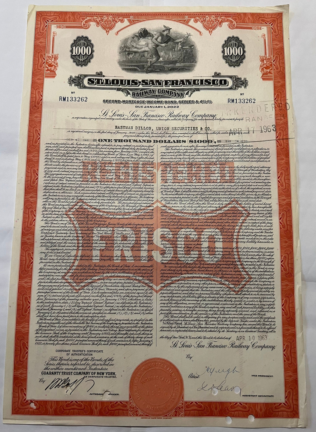 Vintage 1963 Frisco Railroad $1,000 Gold Bond 🚂 St Louis-San Francisco Second Mortgage