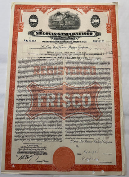 Vintage 1963 Frisco Railroad $1,000 Gold Bond 🚂 St Louis-San Francisco Second Mortgage