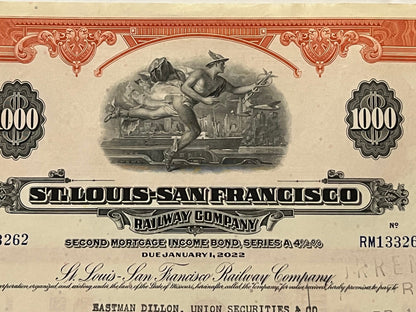 Vintage 1963 Frisco Railroad $1,000 Gold Bond 🚂 St Louis-San Francisco Second Mortgage